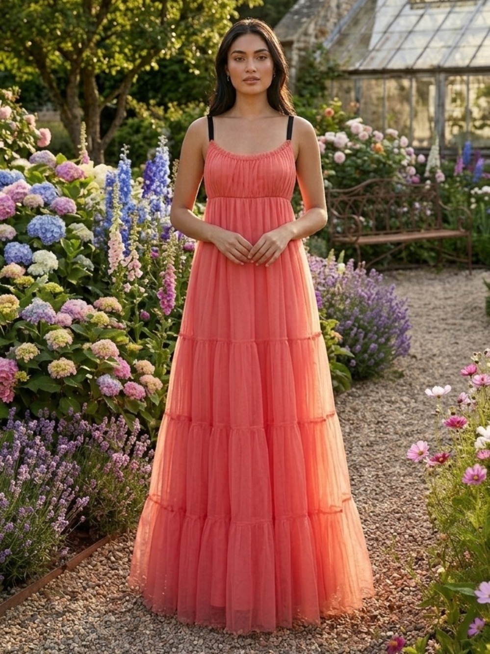 Maeve Anthropologie Coral tulle Maxi Dress with Spaghetti Straps Small - Picture 11 of 11